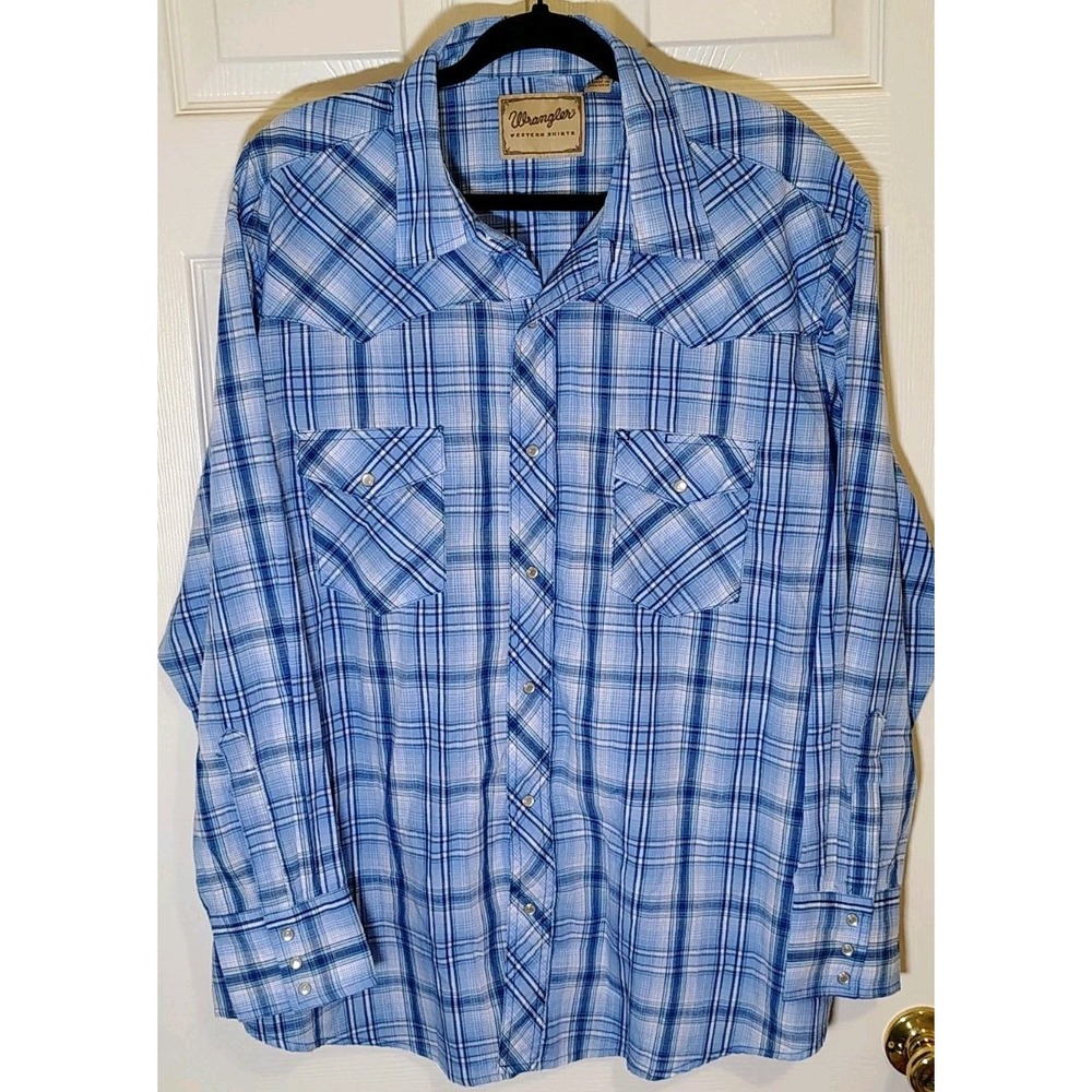 Wrangler Blue & White Plaid Western Cowboy Pearl Snap L/S Shirt 2XL